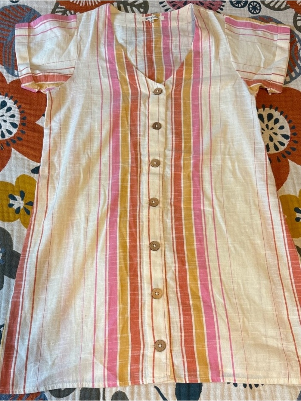 Rip Curl Striped Button-Front Cotton Dress in Pink, Mustard & Coral